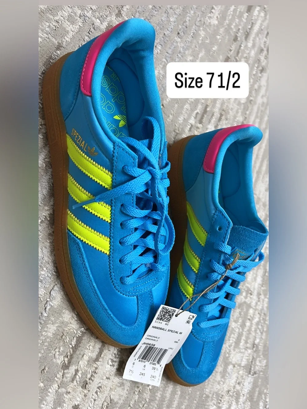 adidas Handball Spezial Bright Blue Sneakers with Neon Yellow Stripes and Pink